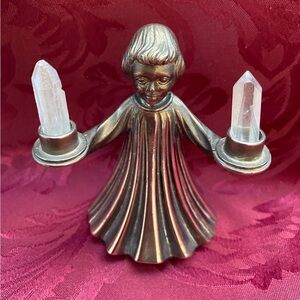 Brass Guardian Child Holding Twin Quartz Points | Altar Piece | Relic